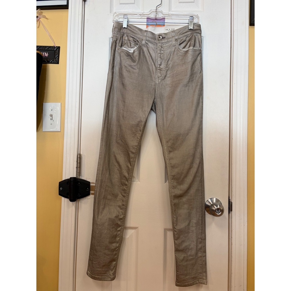 Rag & Bone Metallic Champagne Skinny Jeans Coated Denim Womens 27 NY Slim